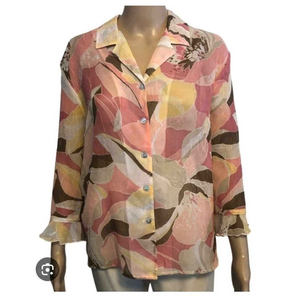 Alfred Dunner Pink Floral Button Down Blouse Ruffle‎ Cuff Sheer Top Size 12